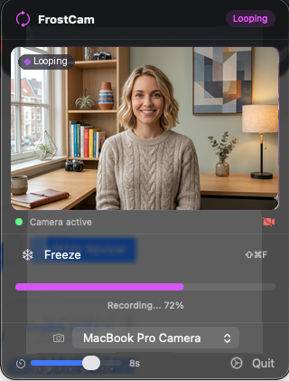 FrostCam menu bar popover recording a loop