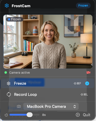 FrostCam menu bar popover in Frozen state